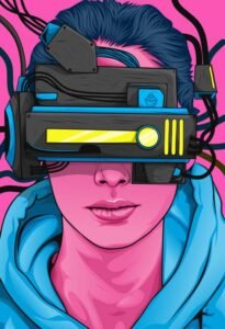 Persona con visor de realidad virtual cyberpunk